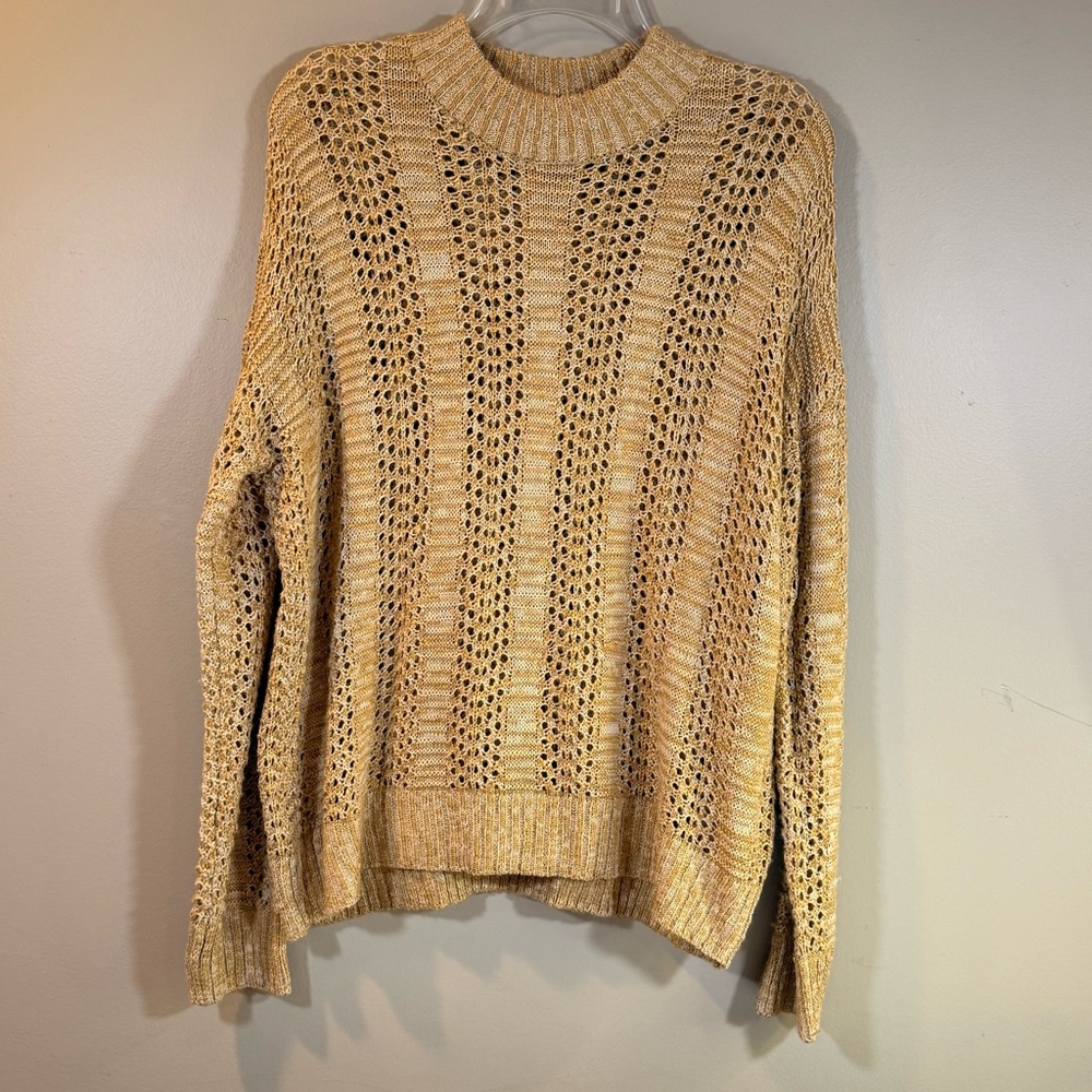 Dip Gold Open Knit Crochet Sweater Matallic Party Shimmer Boho Long‎ Sleeve Sz L
